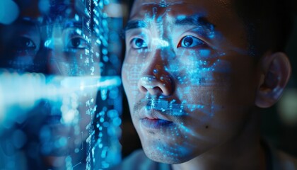 Wall Mural - Closeup of Mans Face With Blue Light Reflecting Digital Data