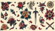 © Stock Spectrum - Intricate American traditional tattoo featuring vibrant old-school roses and dagger motifs, showcased on a clean background.