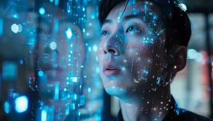 Wall Mural - man gazing through a digital interface at night