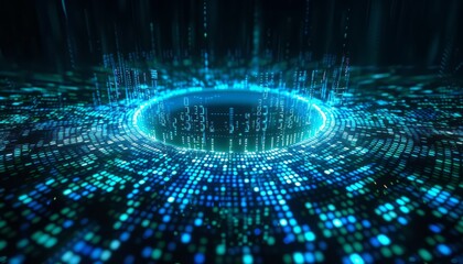 Wall Mural - abstract digital data network with glowing blue ring and binary code