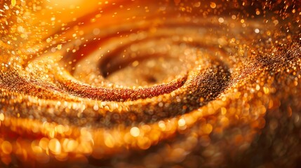 Poster -  A tight shot of a golden spiral swirl of glitter against a dark backdrop The core of the image is softly blurred and situated centrally