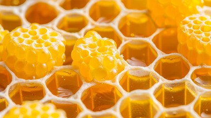 Wall Mural -  A large number of honeycombs, each filled with a liquid topping, rest atop an individual honeycomb brimming with copious amounts of honey