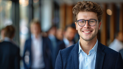 Portrait of a cheerful young man with glasses in a modern business environment