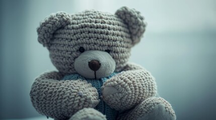 Wall Mural -  A  bear, crocheted and seated by a window, wears a blue ribbon around its neck and dons a crocheted hat on its head