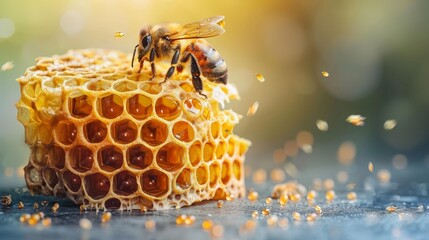 Wall Mural -  A bee sits atop a honeycomb, surrounded by fellow honeybees Close-up view Blue backdrop with blurred background