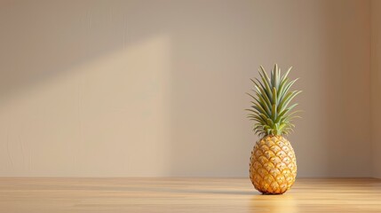  A pineapple atop a wooden table, against a white wall Shadow of a plant casts centrally on pineapple's side