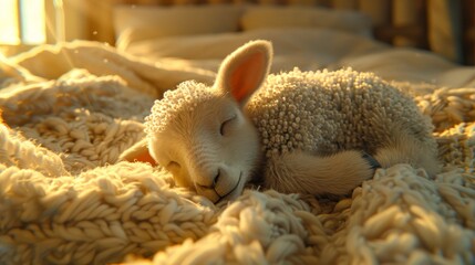 Wall Mural -  A close-up of a sleeping sheep on a bed with a blanket folded next to it A stuffed animal is centered between its closed eyes