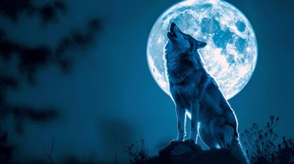 Wall Mural -  A wolf atop a hill gazes at the full moon, head turned sideways, eyes open, and mouth agape