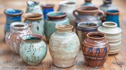  A collection of ceramic vases arranged on two wooden tables, facing each other