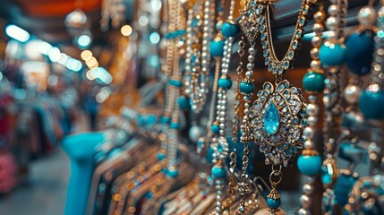 Poster -  A rack displays several necklaces in a store, accompanied by bracelets, all hung on racks near the store front