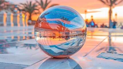 Wall Mural -  A large glass ball sits atop a tiled floor, near a palm-tree filled park People walk along the other side of the street Behind, a sunset casts an orange