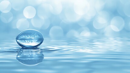 Wall Mural -  A drop floats on water, background blue with a radiating boke of light Water beneath shows a soft, blurred boke