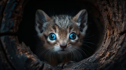  A tiny kitten with blue eyes peeks from a tree trunk hole, gazing up at the camera against a dark wooden backdrop