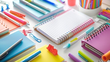 a desk with many colorful pens and paper