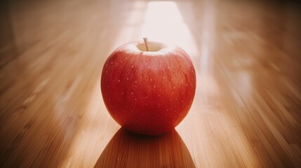 A red apple atop a wooden table, shadowed beneath by light casting from above, around mid-picture