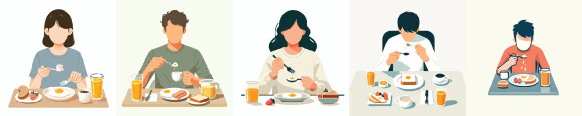 Canvas Print - vector set of people eating in a simple flat design style