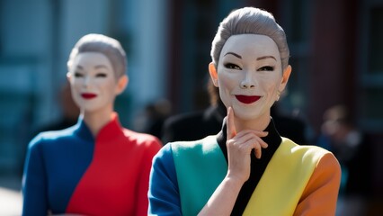 Wall Mural - Two women with painted faces and one has a finger on her lips, AI