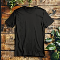 Black T-Shirt Mockup on Wooden Background