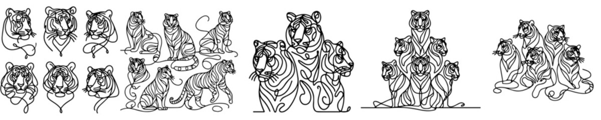 Wall Mural - set vector of tiger in continuous line style