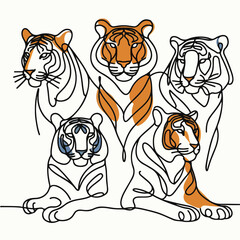 Wall Mural - set vector of tiger in continuous line style