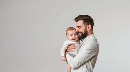 Father Carrying His Baby On a Light Gray Background, Father's Day Wallpaper, Studio Photo