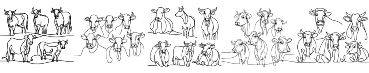 Poster - set vector of cow in continuous line style