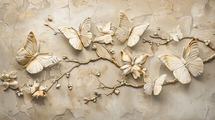 Beautiful butterfly 3d relief wallpaper. Mural wallpaper. Wall art. AI generated illustration.