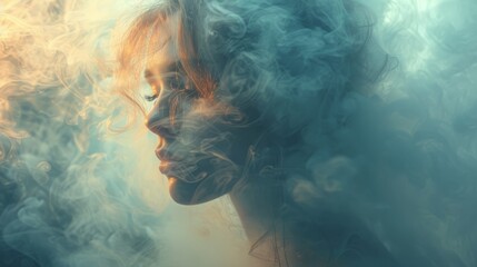 Dreamlike image of a young girl's face softly blending into a cloudy smoke backdrop