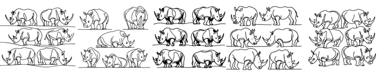 set vector of rhinoceros in continuous line style