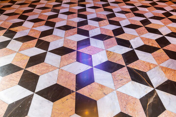 Wall Mural - Geometric tile pattern on the floor of the Silk Exchange in Valencia. Optical illusion.