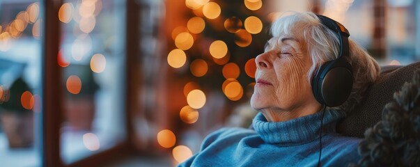 Senior lady relaxing on a sofa with headphones on, enjoying music with a blurred face.