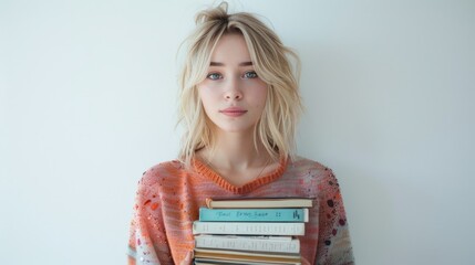 Wall Mural - Young Woman with Books Against a White Background in Casual Wear