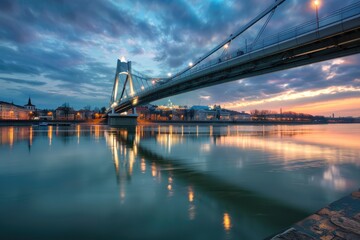 Bridge Infrastructure. Apollo Bridge in Bratislava, Slovakia Architecture over Danube River at Dusk