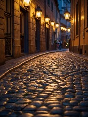 Poster - A cobblestone walkway is bathed in the golden light of gas lamps, exuding a charming and nostalgic atmosphere.