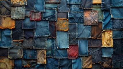 A collage of various denim patches in different shades and textures forming a unique background