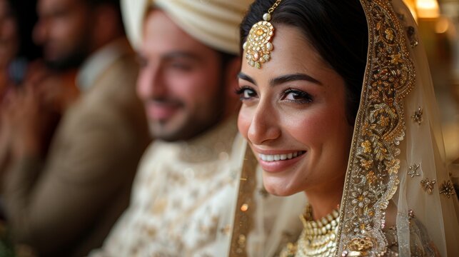 Portrait of a happy Indian bride in her wedding attire, radiant with joy and adorned with jewelry