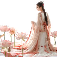 Wall Mural - Woman in Traditional Chinese Dress with Lotus Flowers