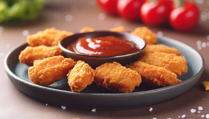 Wall Mural - Classic chicken nuggets, tomato sauce. Delicious meal. Tasty fast food. Nutritious snack. Close-up.