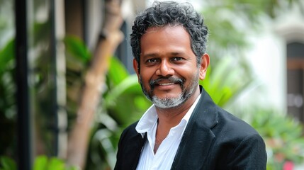 Portrait of an Indian man in his late thirties, exuding confidence in a black suit jacket over a crisp white shirt, framed against the backdrop of sleek modern architecture.