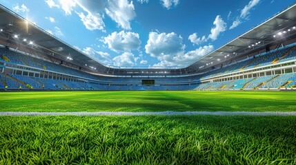 Wall Mural - From ground level, this image shows the lush green soccer pitch of a stadium with stands and a clear blue sky