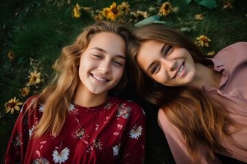 Above, girls and portrait on grass for autumn, relaxing and bonding together in park with happiness. Nature, lawn and friends on summer holiday for chilling