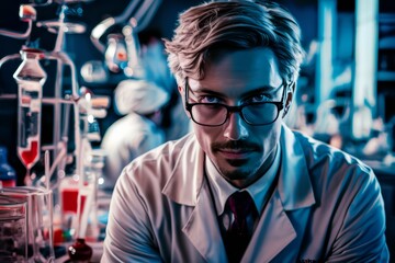 Wall Mural - A man in lab coat with glasses and a mustache sitting at table, AI