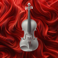 Wall Mural - beautiful white violin on dark red futuristic background, abstract music design with flowing lines