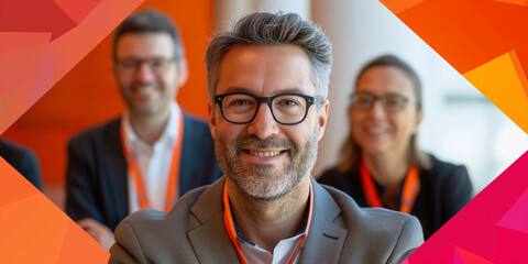 Wall Mural - A man with glasses and a beard is smiling at the camera. The photo has a professional. a modern and happy background that will be a template for a poster to promote conferences