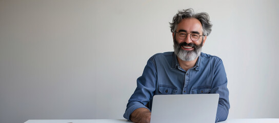 A man with a beard and glasses is sitting at a desk with a laptop. He is smiling and he is happy. a man happily working on his laptop. The man is in his early fifties and has mediterranean features.