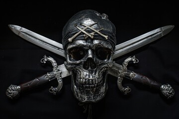 Skull Pirate. Buccaneer's Symbol with Ancient Swords on Black Background