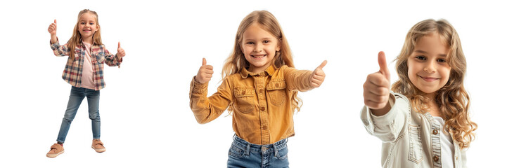 Wall Mural - Set of Little happy child kid girl giving a thumbs up, isolated on a transparent background