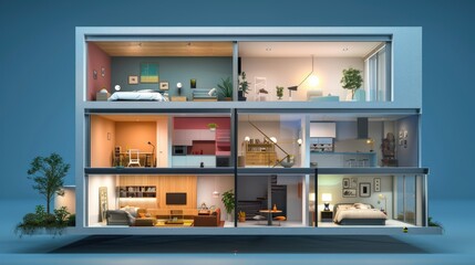 Inside Cartoon Home Concept. Modern Architectural 3D Render of Apartment Cross Section