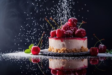 Wall Mural - Fruit Cheesecake: Decadent Dessert with Cherry on Top, Ideal for Summer Treats