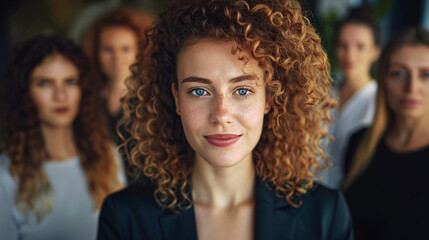 Subtle smile: young woman with vibrant curly hair standing in front of a blurred crowd